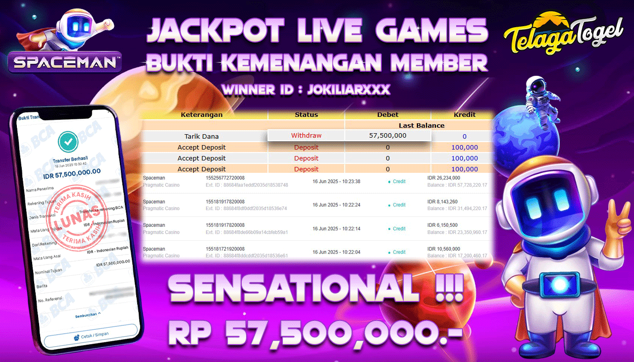 TELAGATOGEL JACKPOT LIVE GAMES SPACEMAN Rp 57,500,000,- LUNAS  
