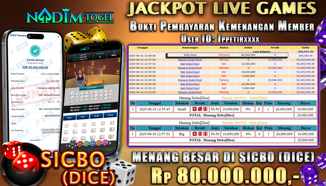 NADIMTOGEL JACKPOT LIVE GAMES SICBO (DICE) Rp 80.000.000,- LUNAS