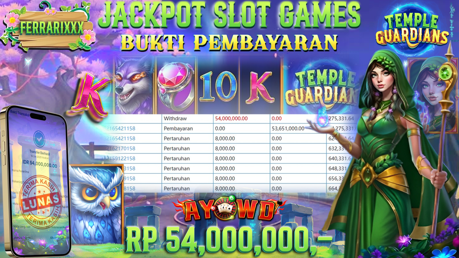 AYOWD JACKPOT SLOT GAMES PP-TEMPLE GUARDIANS Rp 54,000,000 LUNAS
