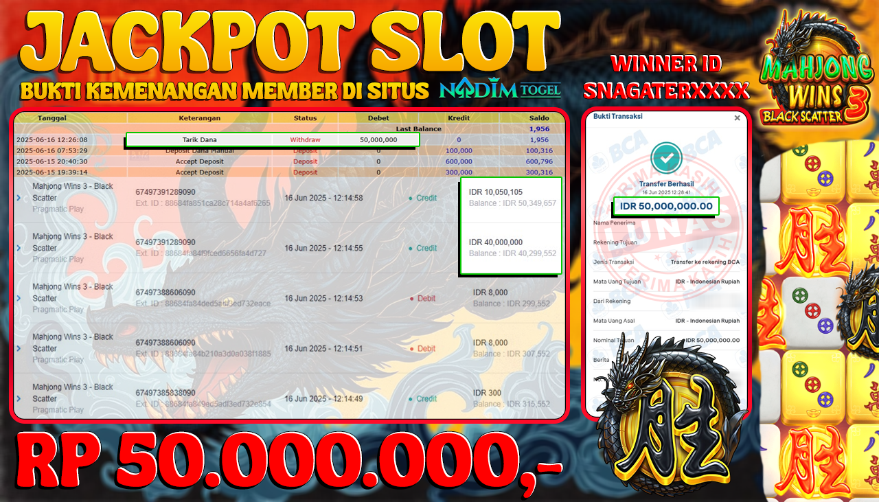 NADIMTOGEL JACKPOT SLOT MAHJONG WINS 3 BLACK SCATTER Rp 50.000.000,- LUNAS