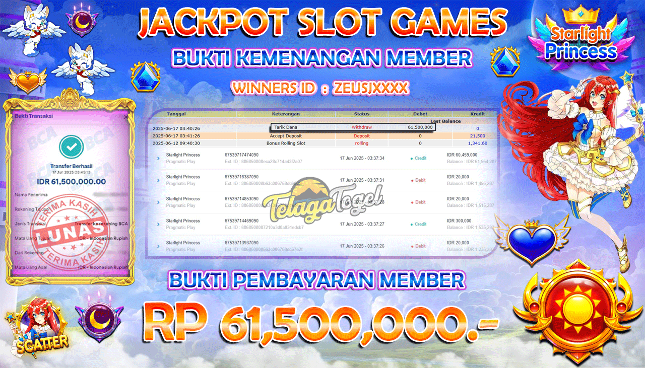 TELAGATOGEL JACKPOT SLOT STARLIGHT PRINCESS Rp 61,500,000,- LUNAS  
