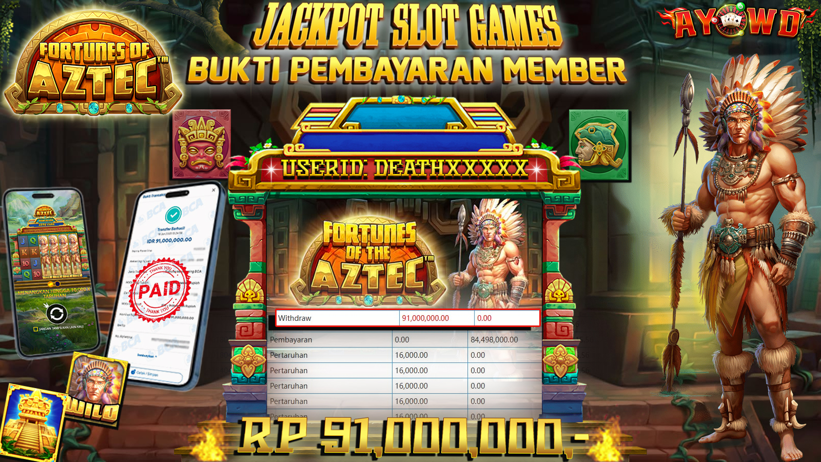 AYOWD JACKPOT SLOT GAMES PP-FORTUNES OF AZTEC Rp 91,000,000 LUNAS