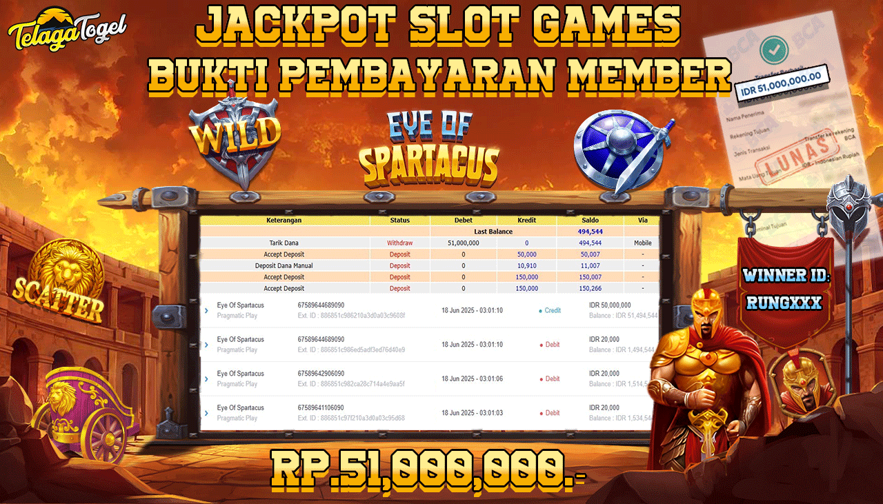 TELAGATOGEL JACKPOT SLOT EYE OF SPARTACUS Rp 51,000,000,- LUNAS  