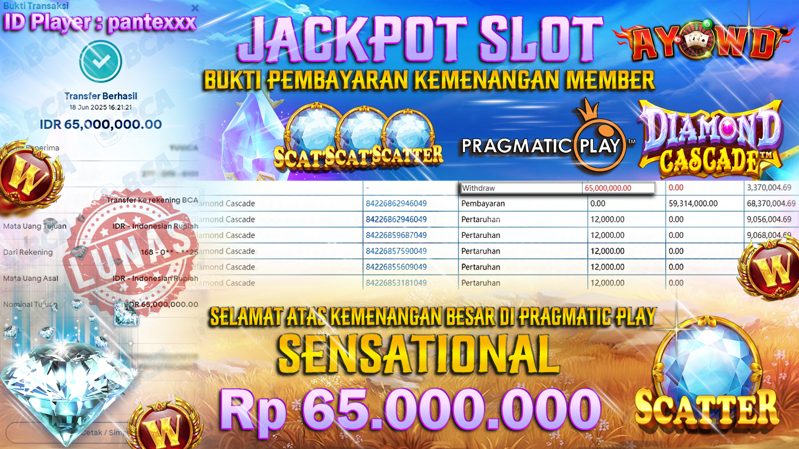 AYOWD JACKPOT SLOT GAMES PP-Diamond Cascade Rp 65,000,000 LUNAS