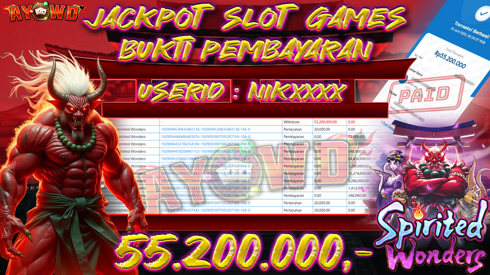 AYOWD JACKPOT SLOT GAMES PG-Spirited Wonders Rp 55,200,000 LUNAS