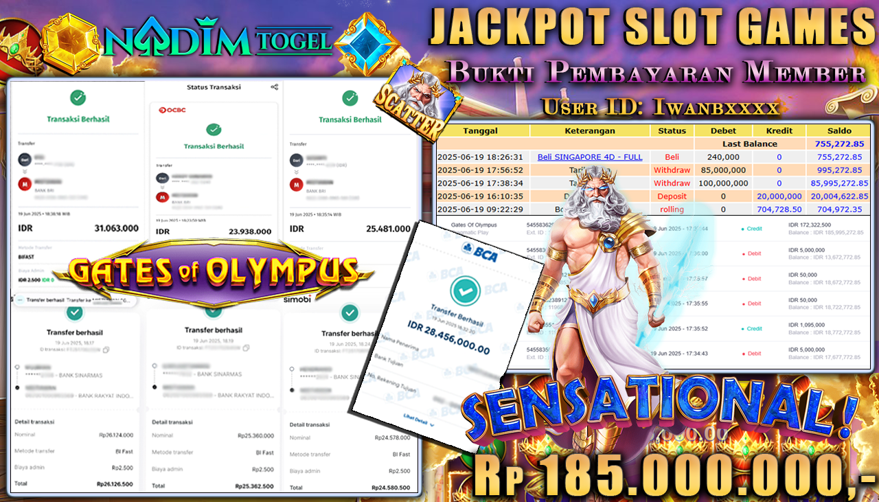 NADIMTOGEL JACKPOT SLOT GATES OF OLYMPUS Rp 185.000.000,- LUNAS
