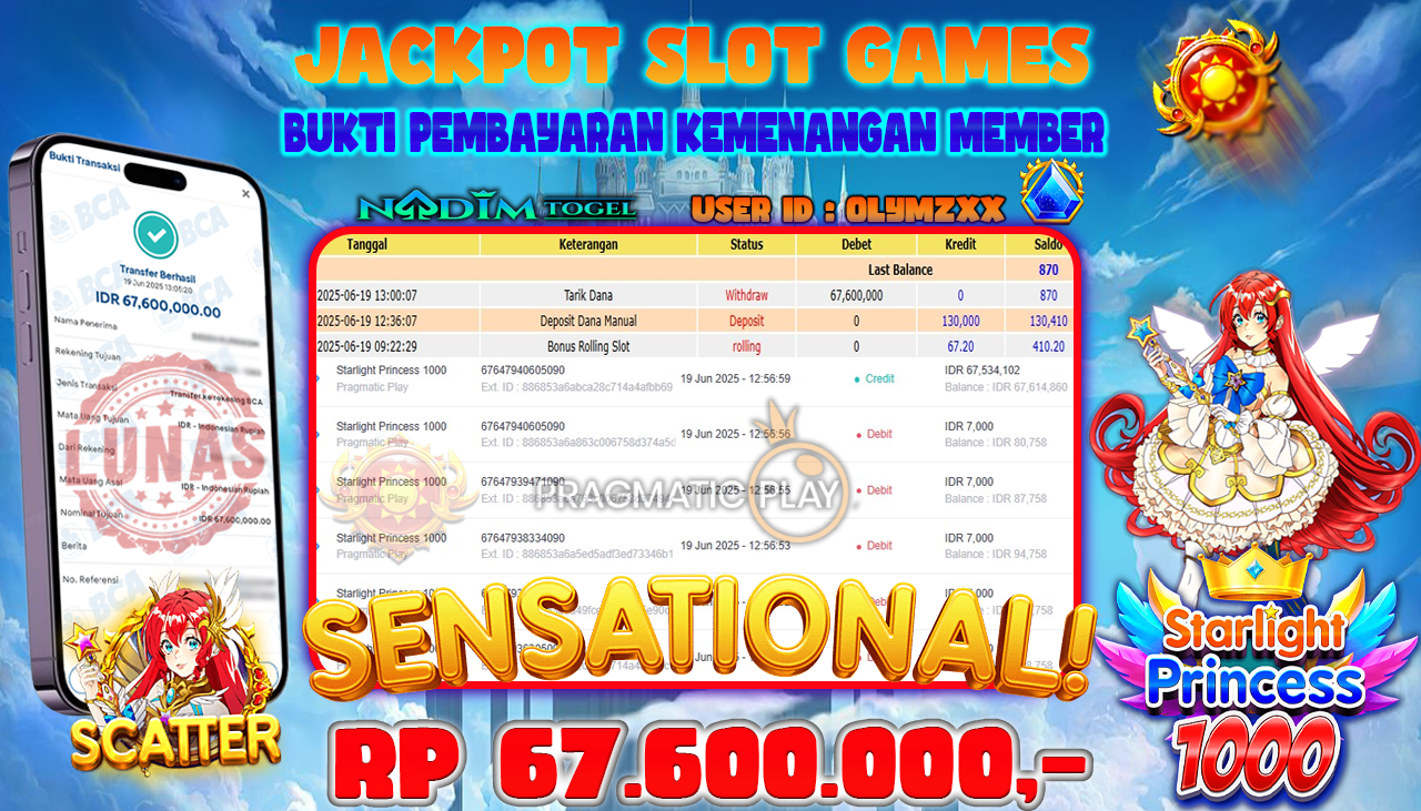 NADIMTOGEL JACKPOT SLOT STARLIGHT PRINCESS 1000 Rp 67.600.000,- LUNAS