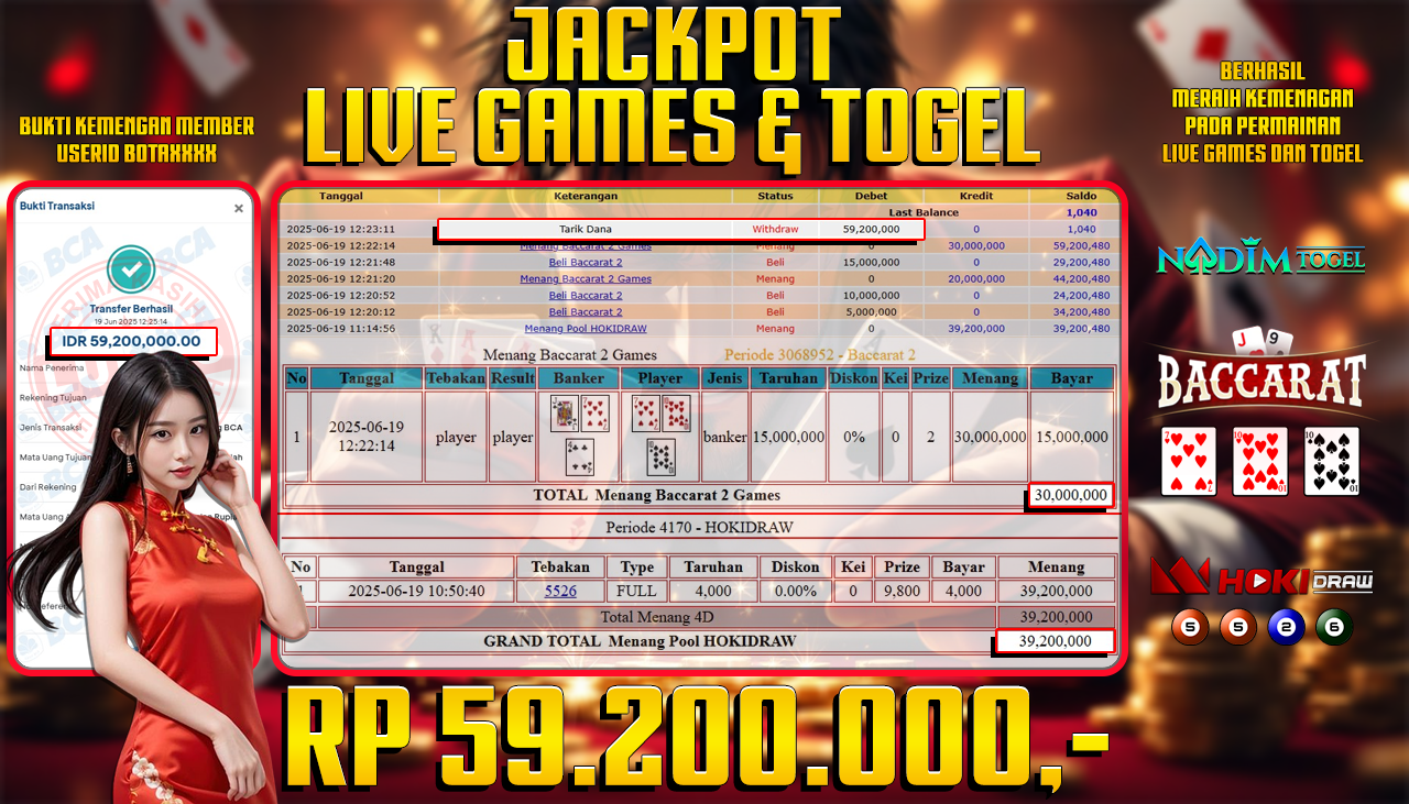 NADIMTOGEL JACKPOT LIVE GAMES BACCARAT 2 GAMES & TOGEL HOKIDRAW Rp 59.200.000,- LUNAS