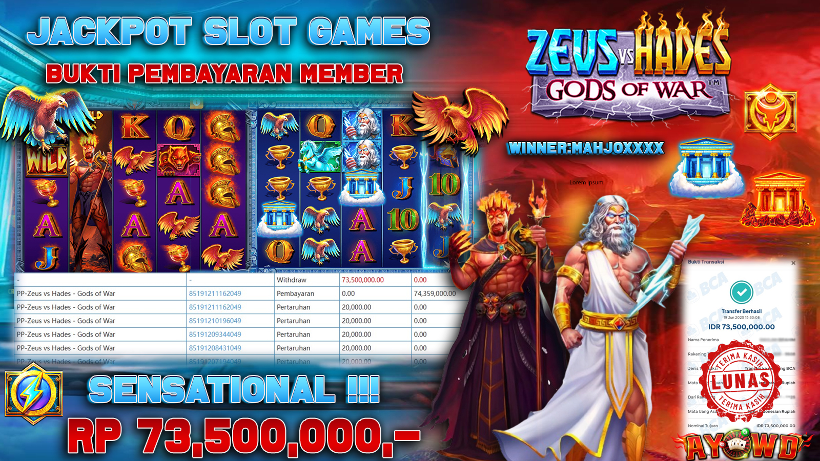 AYOWD JACKPOT SLOT GAMES PP-ZEUS VS HADES GODS OF WAR Rp 73,500,000 LUNAS