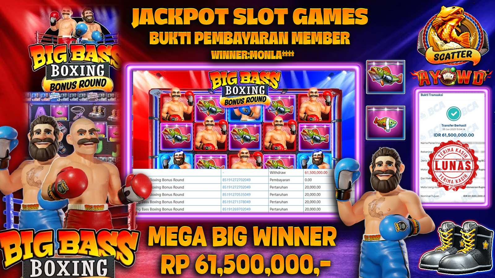 AYOWD JACKPOT SLOT GAMES PP-BIG BASS BOXING BONUS ROUND Rp 61,500,000 LUNAS