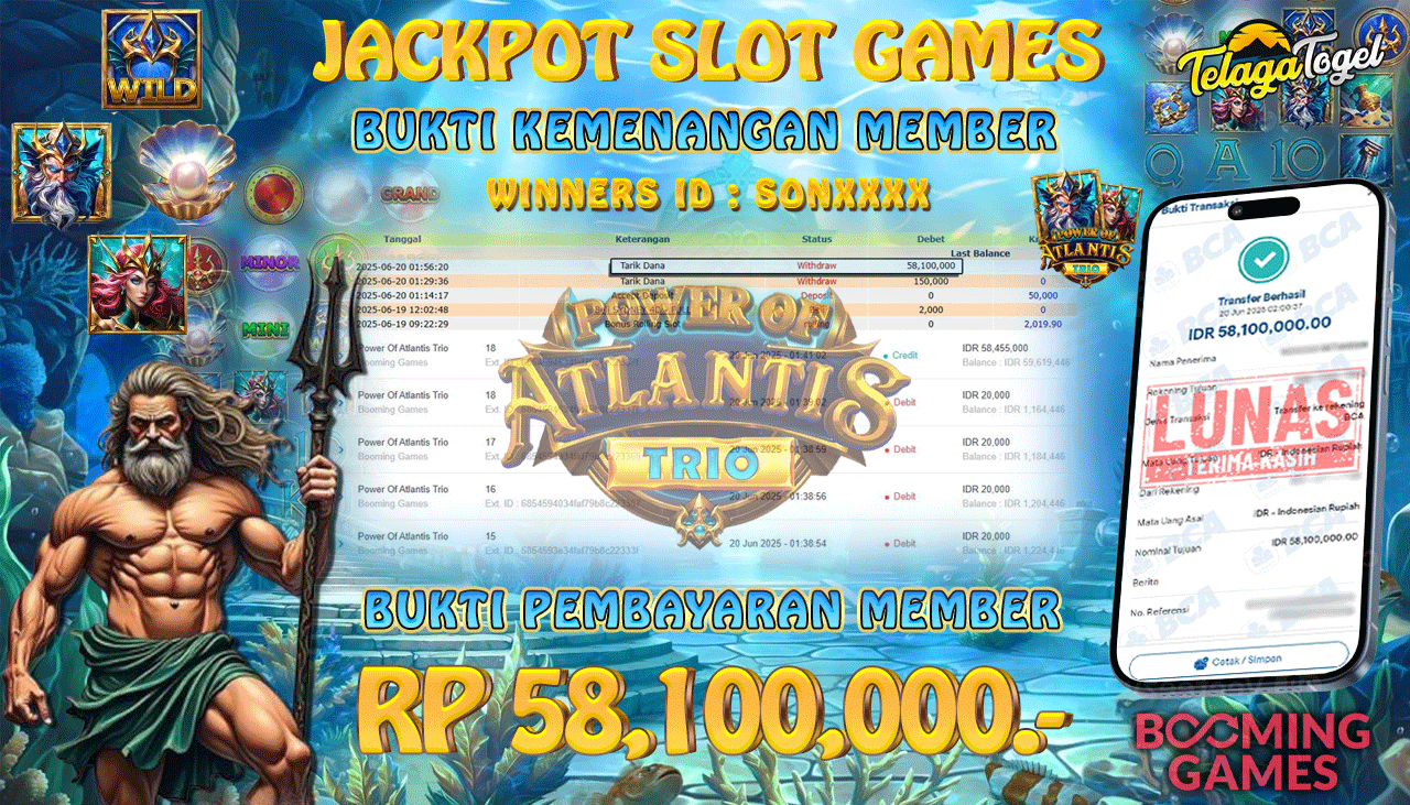 TELAGATOGEL JACKPOT SLOT POWER OF ATLANTIS TRIO Rp 58,100,000,- LUNAS  