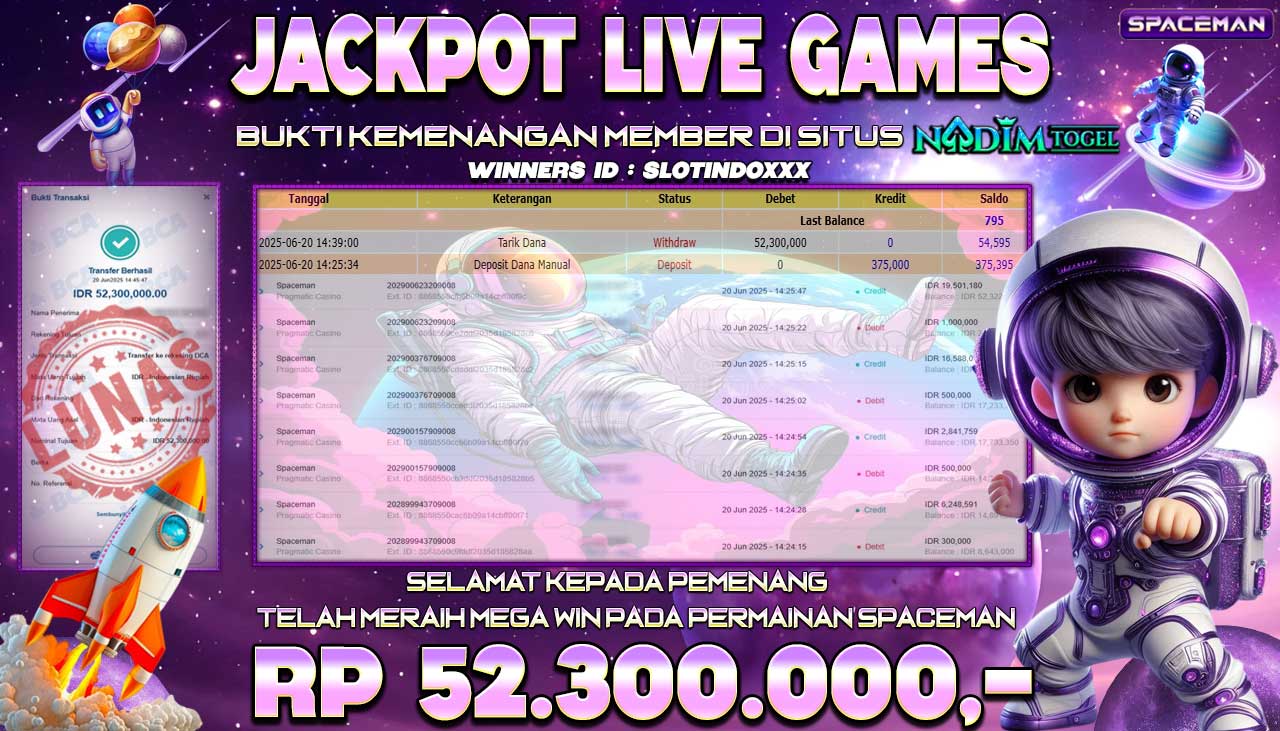 NADIMTOGEL JACKPOT LIVE GAMES SPACEMAN Pragmatic Casino Rp 52.300.000,- LUNAS