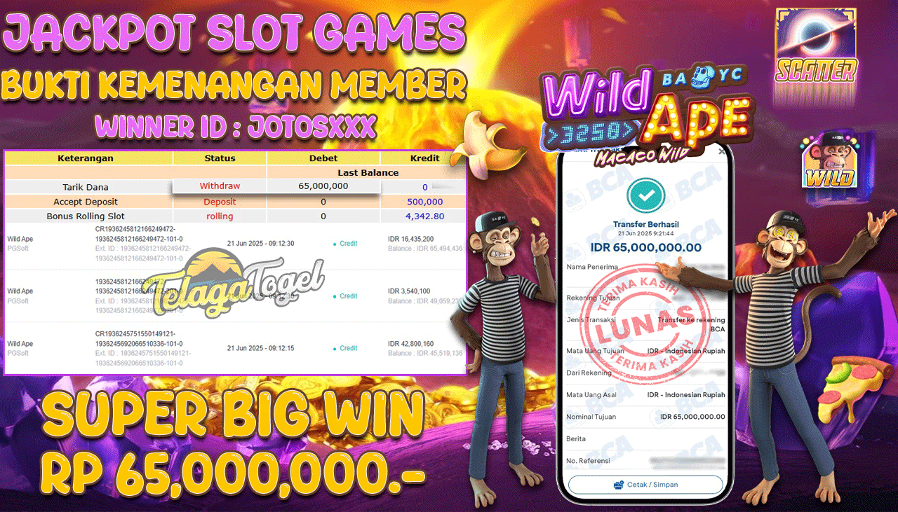 TELAGATOGEL JACKPOT SLOT WILD APE Rp 65,000,000,- LUNAS  