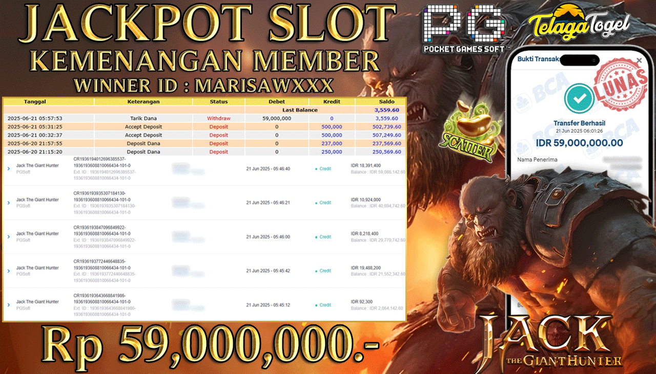 TELAGATOGEL JACKPOT SLOT JACK THE GIANT HUNTER Rp 59,000,000,- LUNAS  