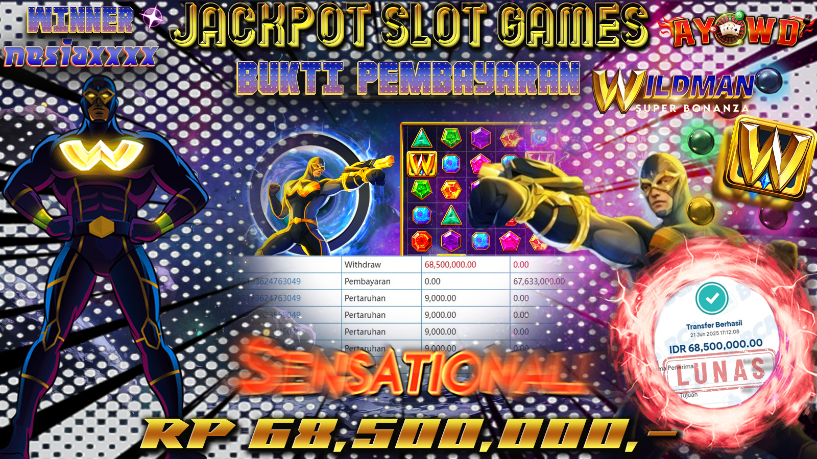 AYOWD JACKPOT SLOT GAMES PP-WILDMAN SUPER BONANZA Rp 68,500,000 LUNAS