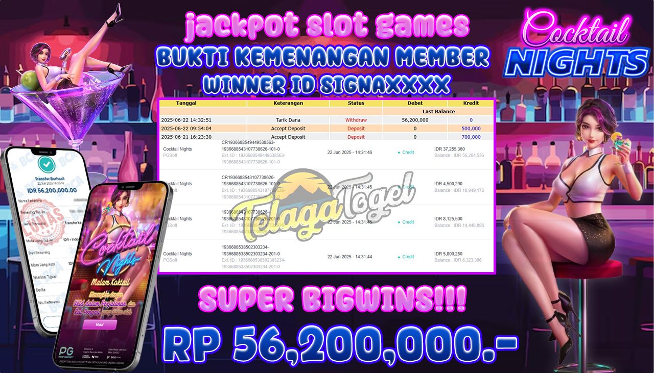 TELAGATOGEL JACKPOT SLOT COCKTAIL NIGHTS Rp 56,200,000,- LUNAS  
