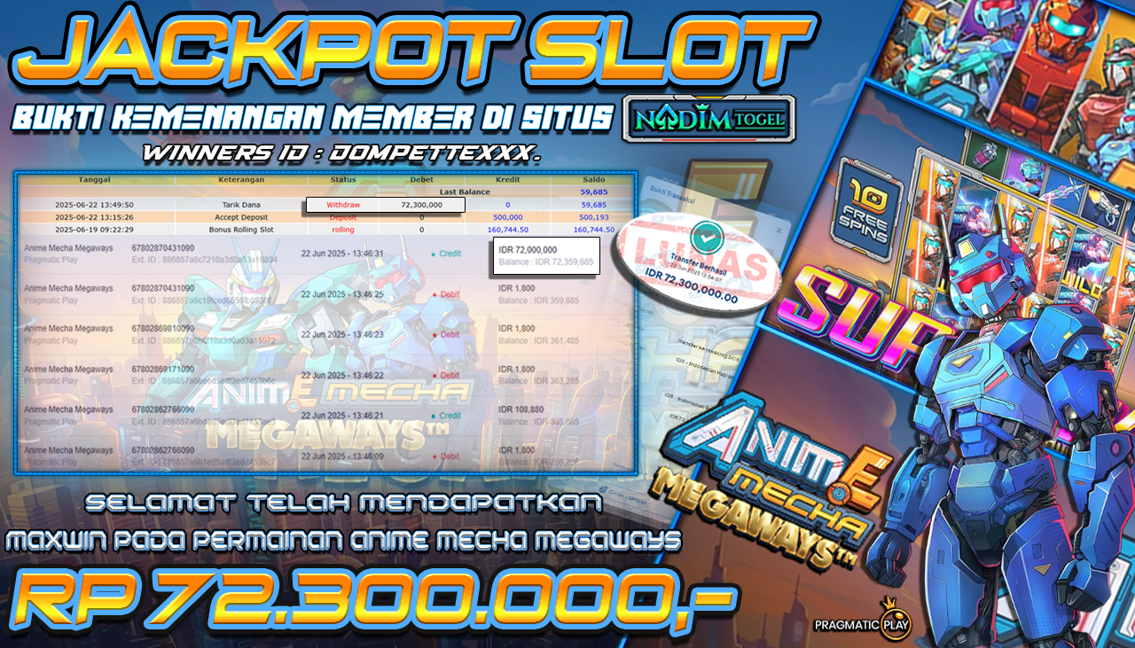 NADIMTOGEL JACKPOT SLOT ANIME MECHA MEGAWAYS  Rp 72.300.000,- LUNAS