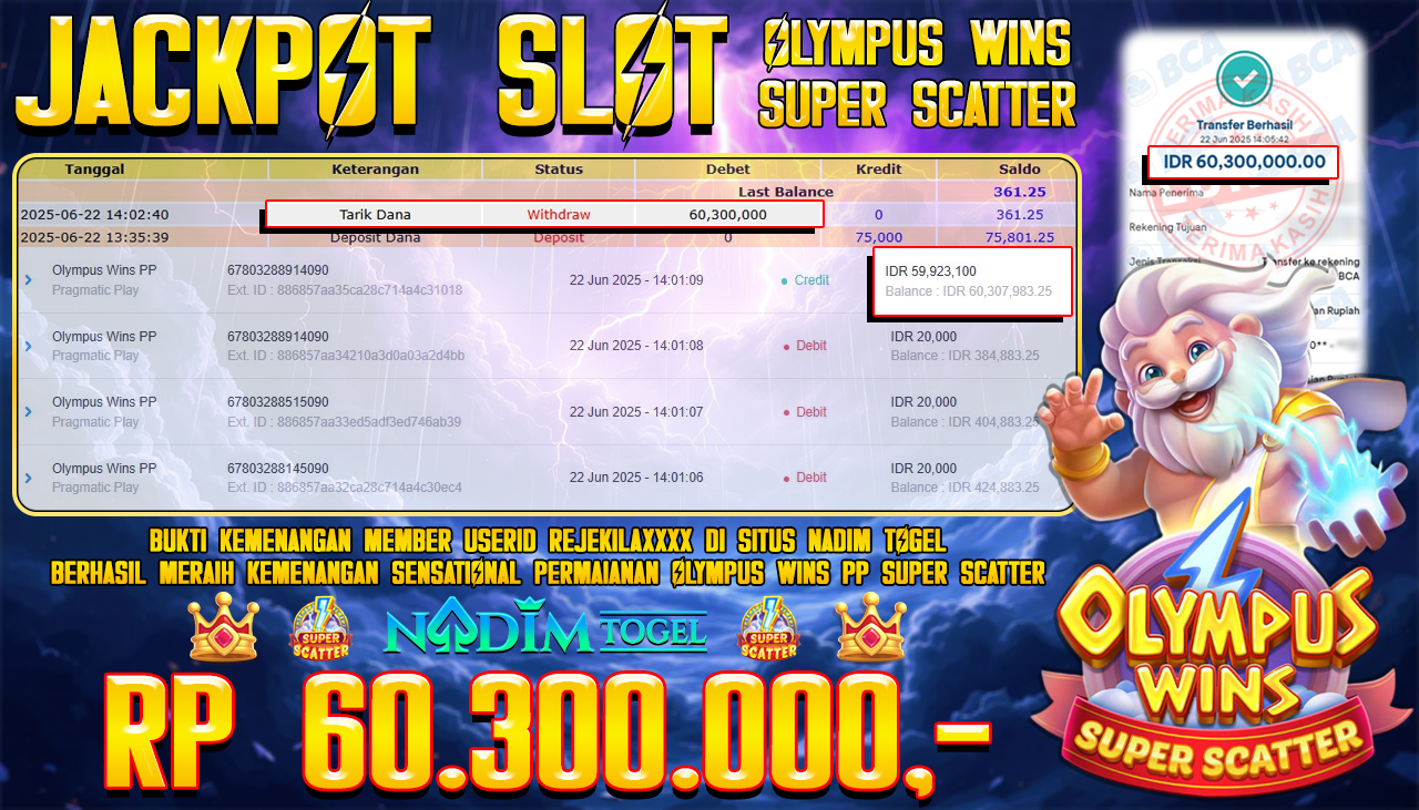 NADIMTOGEL JACKPOT SLOT OLYMPUS WINS SUPER SCATTER Rp 60.300.000,- LUNAS
