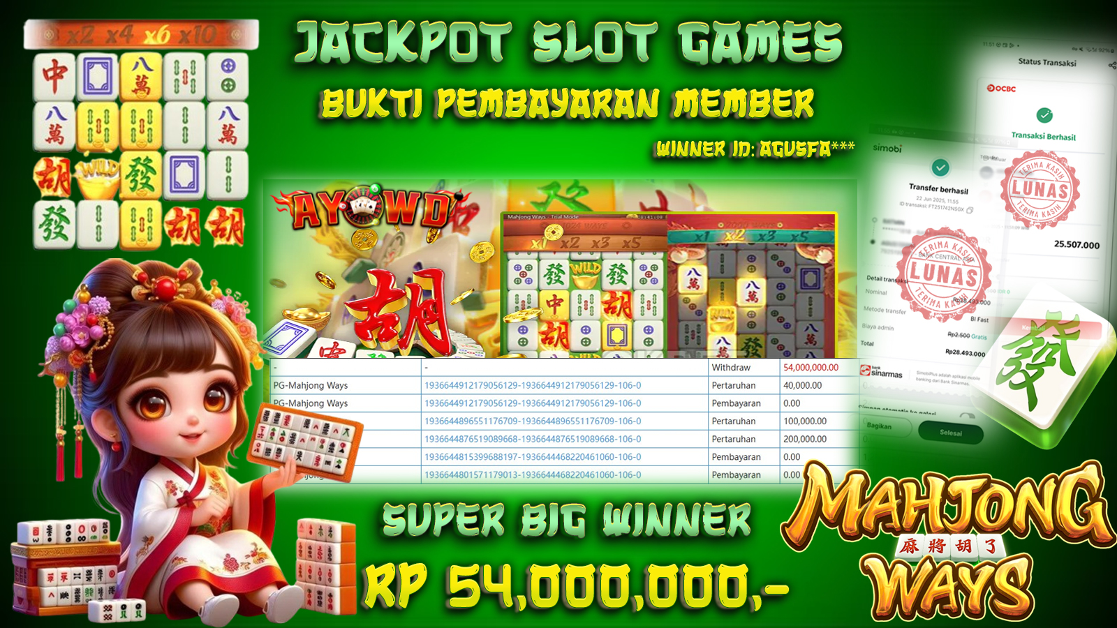 AYOWD JACKPOT SLOT GAMES PG-MAHJONG WAYS Rp 54,000,000 LUNAS
