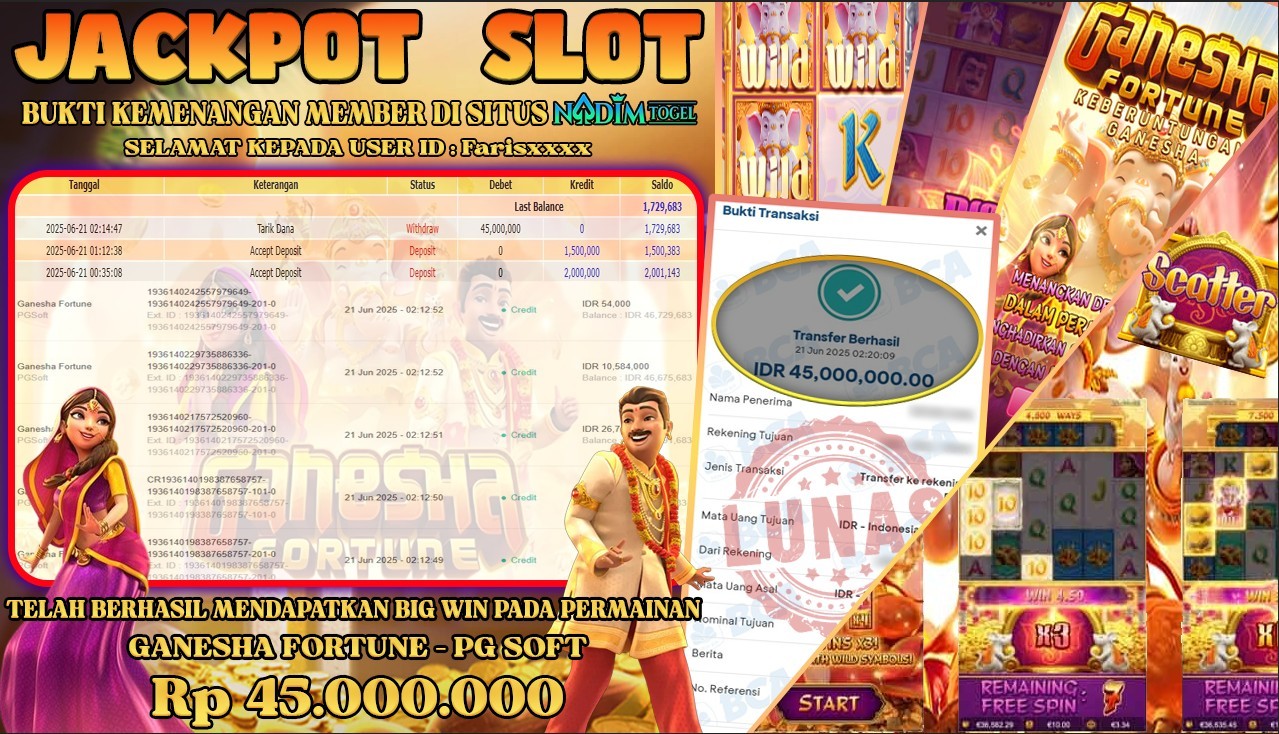 NADIMTOGEL JACKPOT SLOT GANESHA FORTUNE Rp 45.000.000,- LUNAS