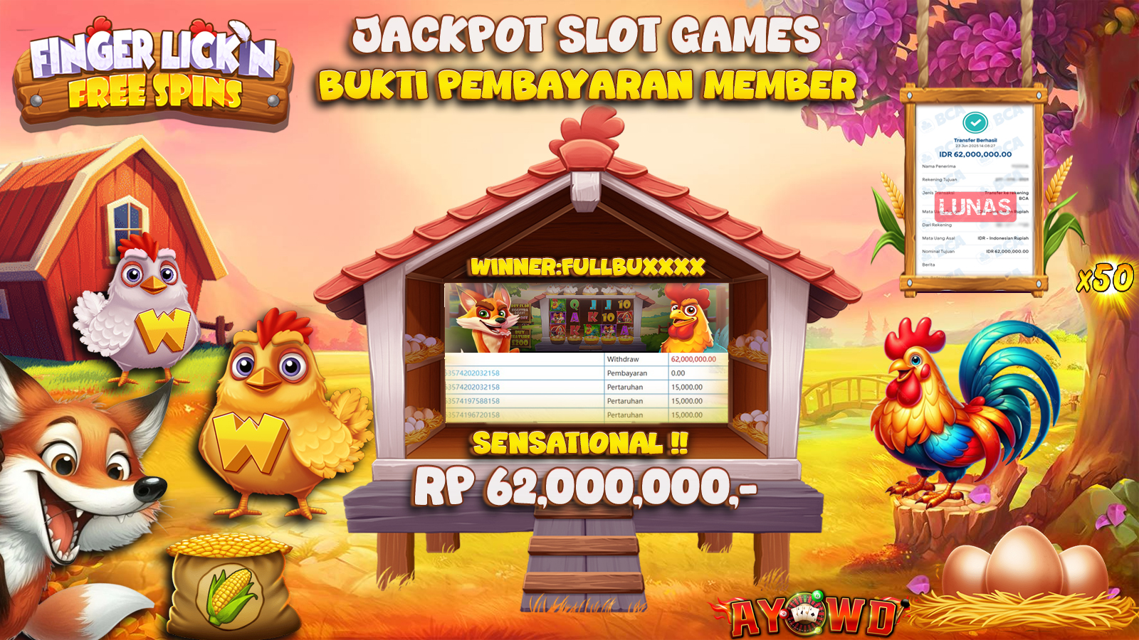 AYOWD JACKPOT SLOT GAMES PP-FINGER LICKN FREE SPIN Rp 62,000,000 LUNAS