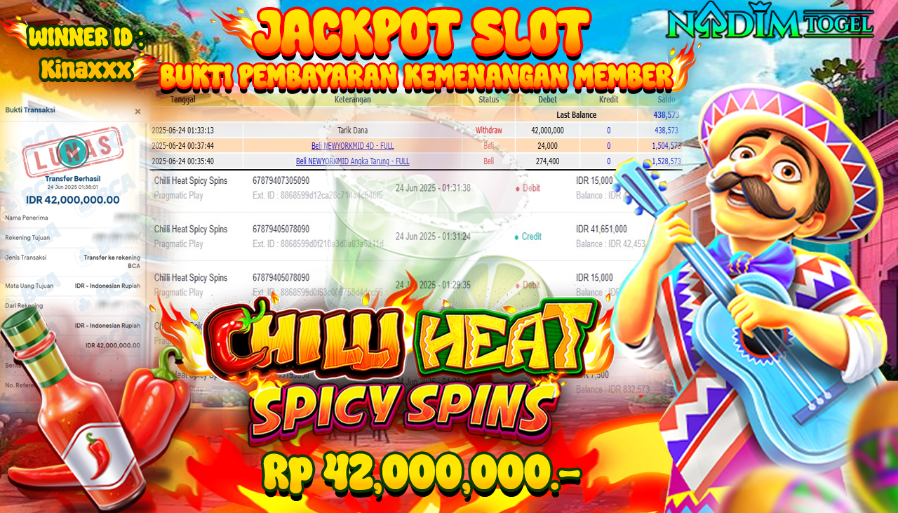 NADIMTOGEL JACKPOT SLOT CHILLI HEAT SPICY SPINS Rp 42.000.000,- LUNAS