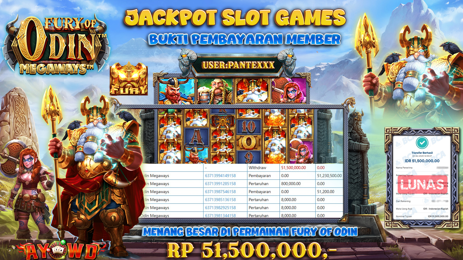 AYOWD JACKPOT SLOT GAMES PP-FURY OF ODIN MEGAWAYS Rp 51,500,000 LUNAS