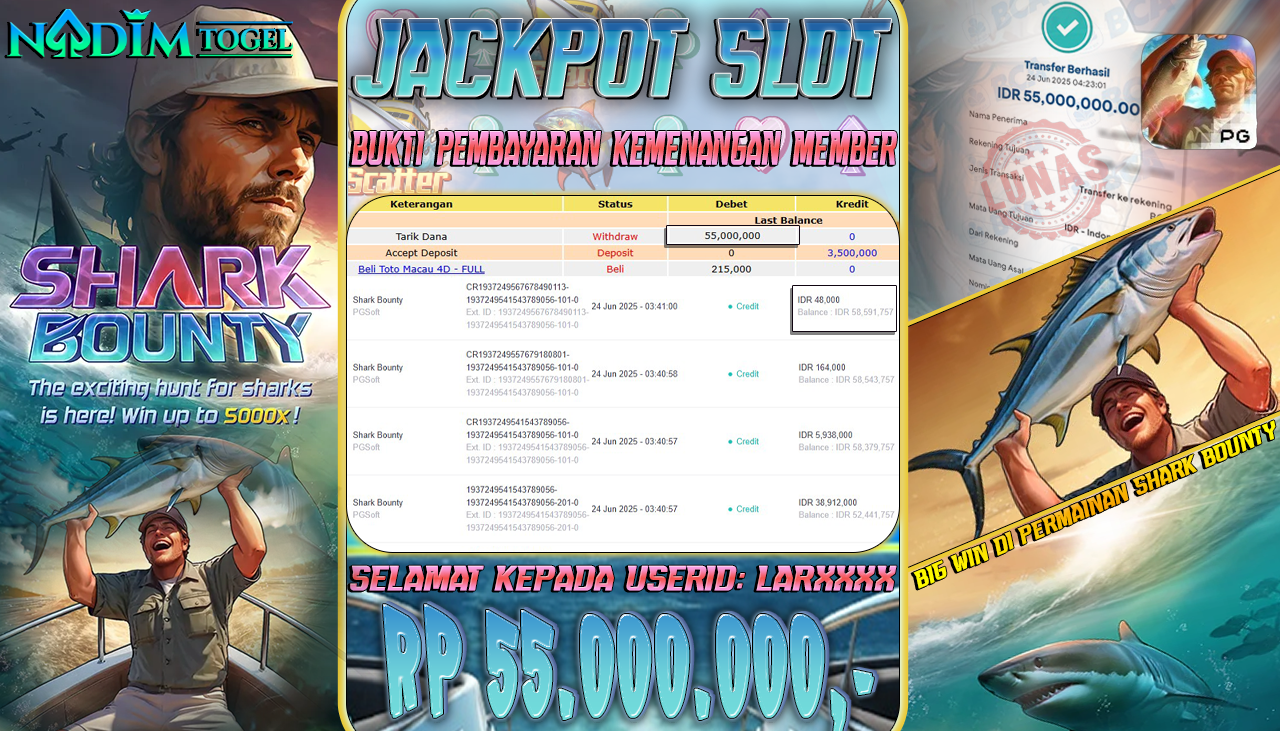 NADIMTOGEL JACKPOT SLOT SHARK BOUNTY Rp 55.000.000,- LUNAS