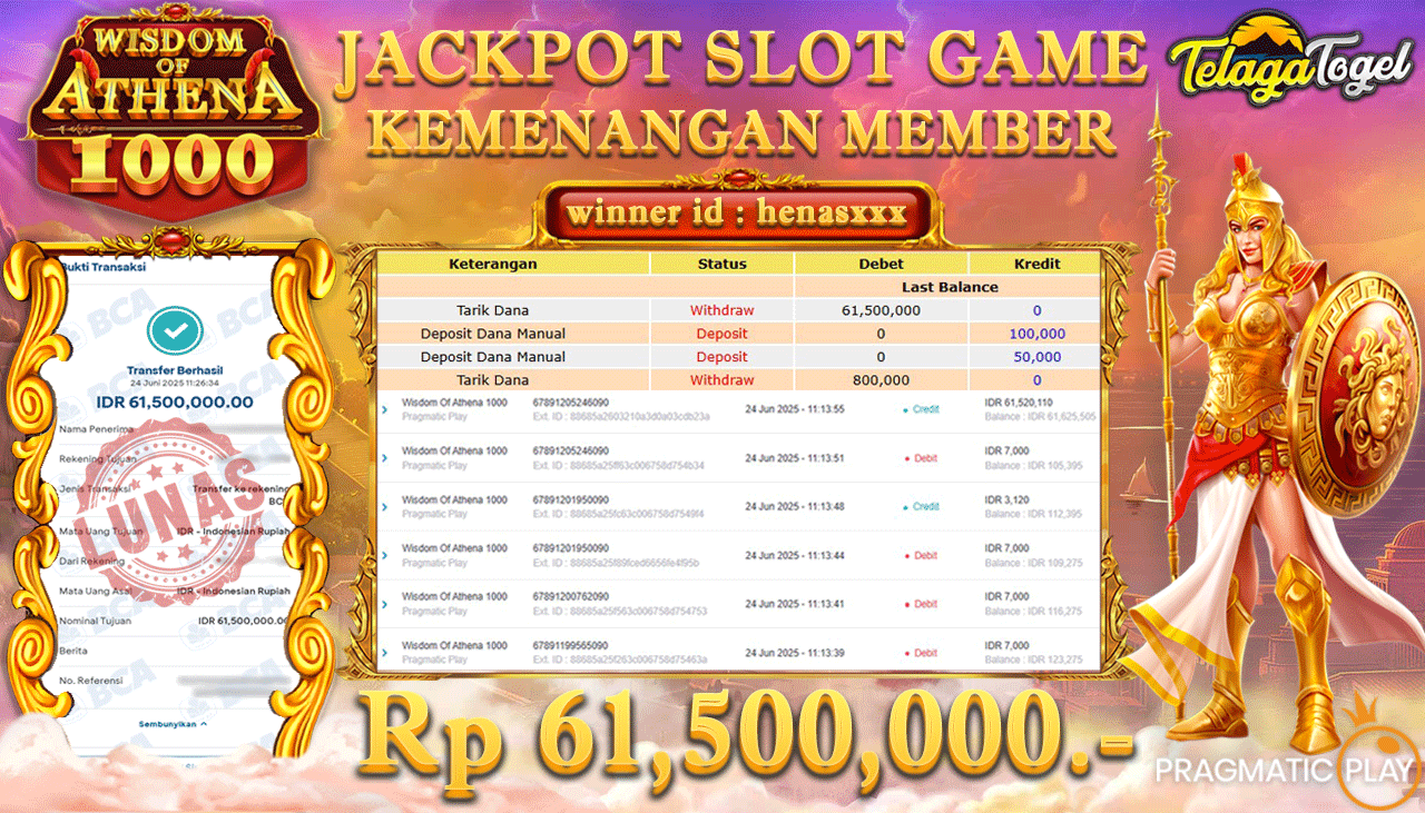 TELAGATOGEL JACKPOT SLOT WISDOM OF ATHENA 1000 Rp 61,500,000,- LUNAS  