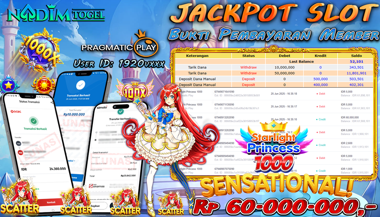 NADIMTOGEL JACKPOT SLOT STARLIGHT PRINCESS 1000  Rp 60.000.000,- LUNAS