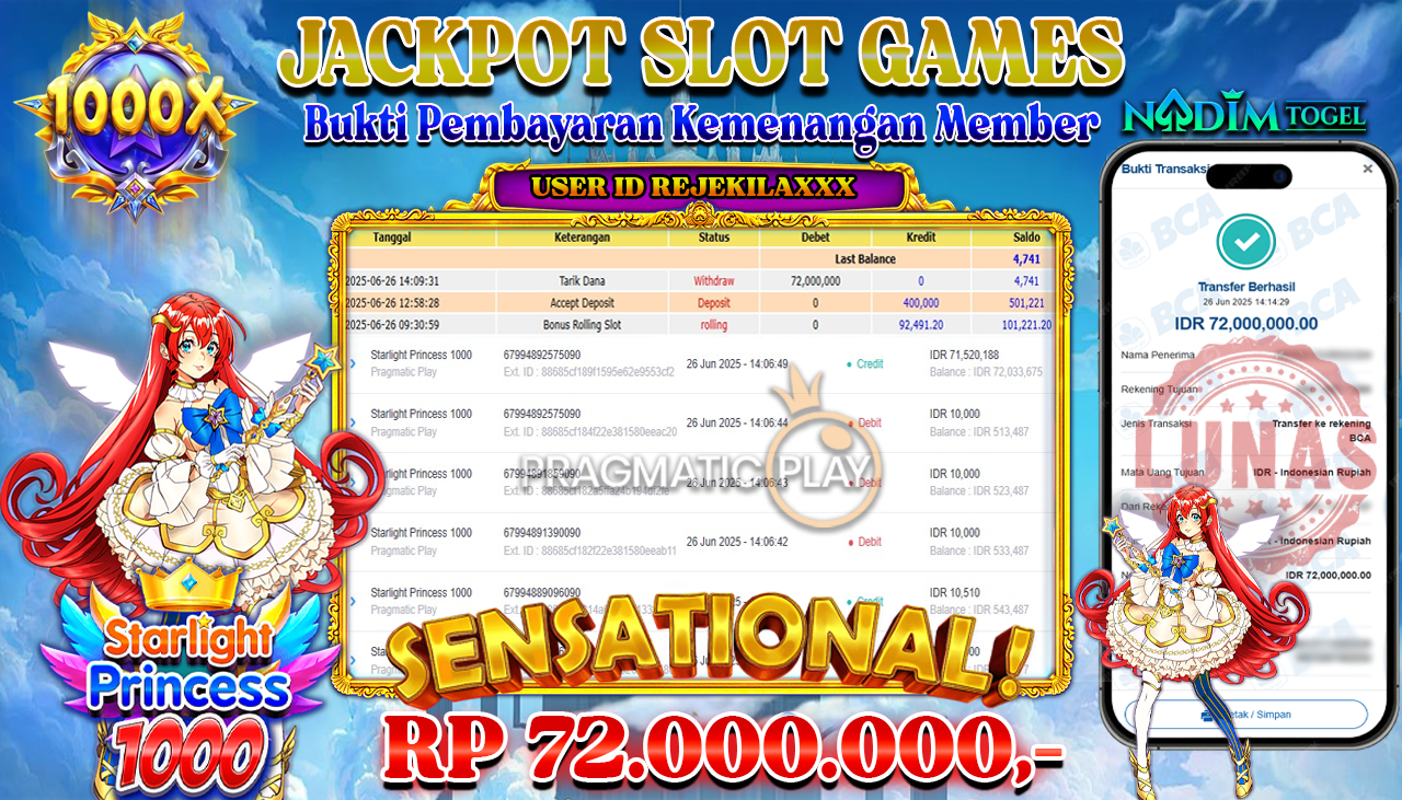 NADIMTOGEL JACKPOT SLOT STARLIGHT PRINCESS 1000 Rp 72.000.000,- LUNAS