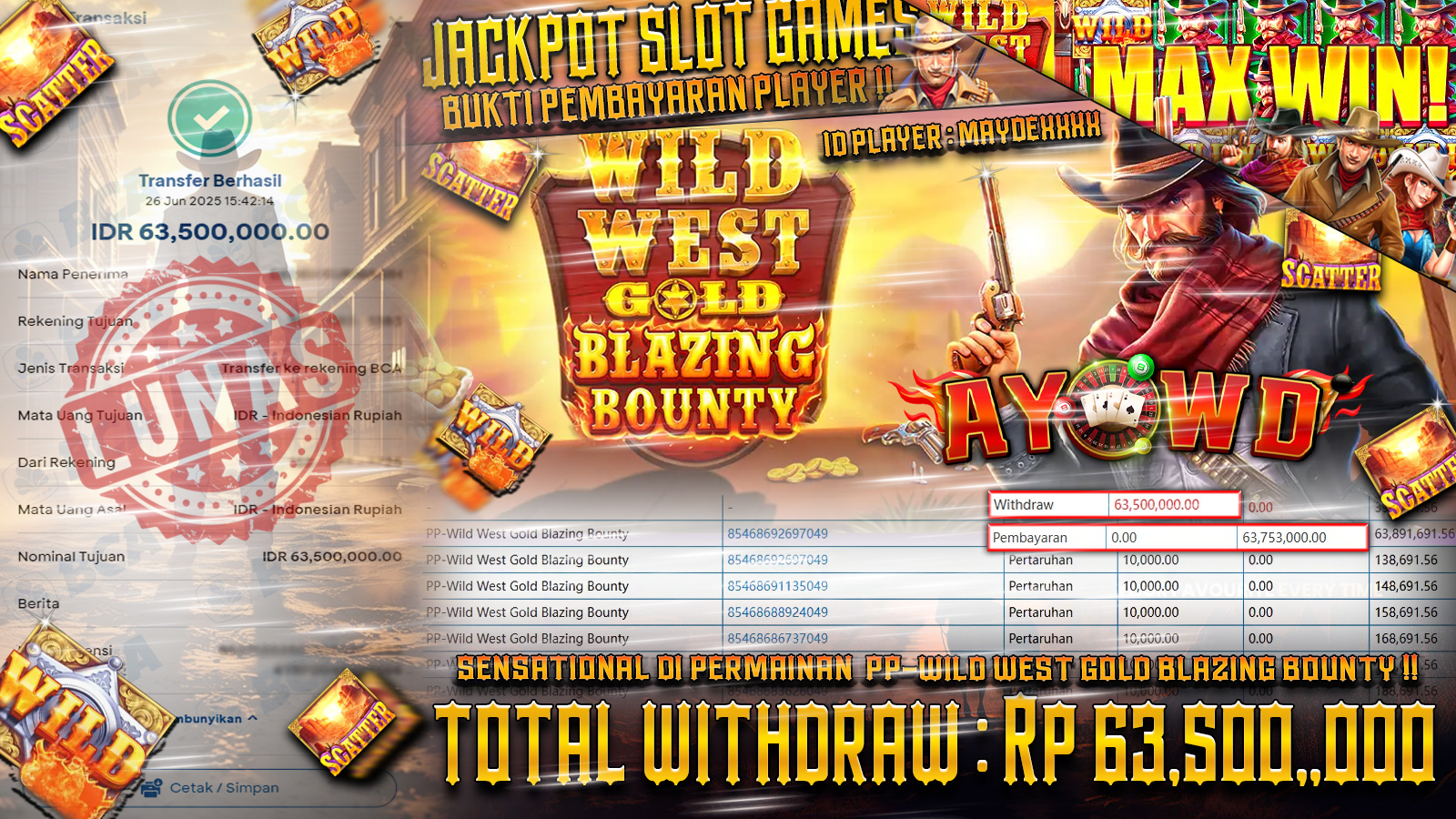 AYOWD JACKPOT SLOT GAMES PP-WILD WEST GOLD BLAZING BOUNTY Rp 63,500,000,- LUNAS