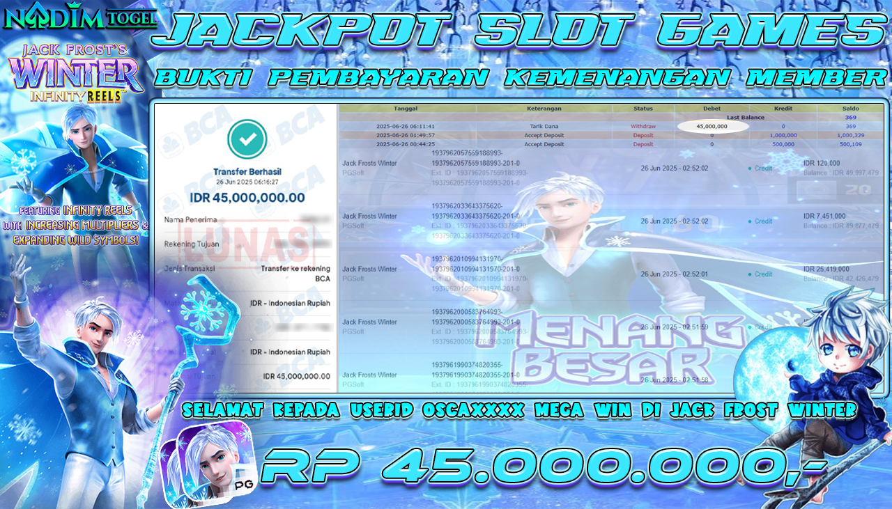 NADIMTOGEL JACKPOT SLOT JACK FROSTS WINTER Rp 45.000.000,- LUNAS