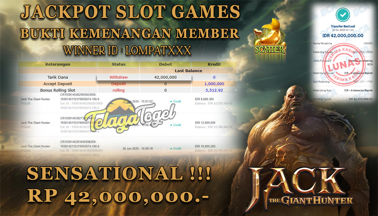 TELAGATOGEL JACKPOT SLOT JACK THE GIANT HUNTER Rp 42,000,000,- LUNAS  