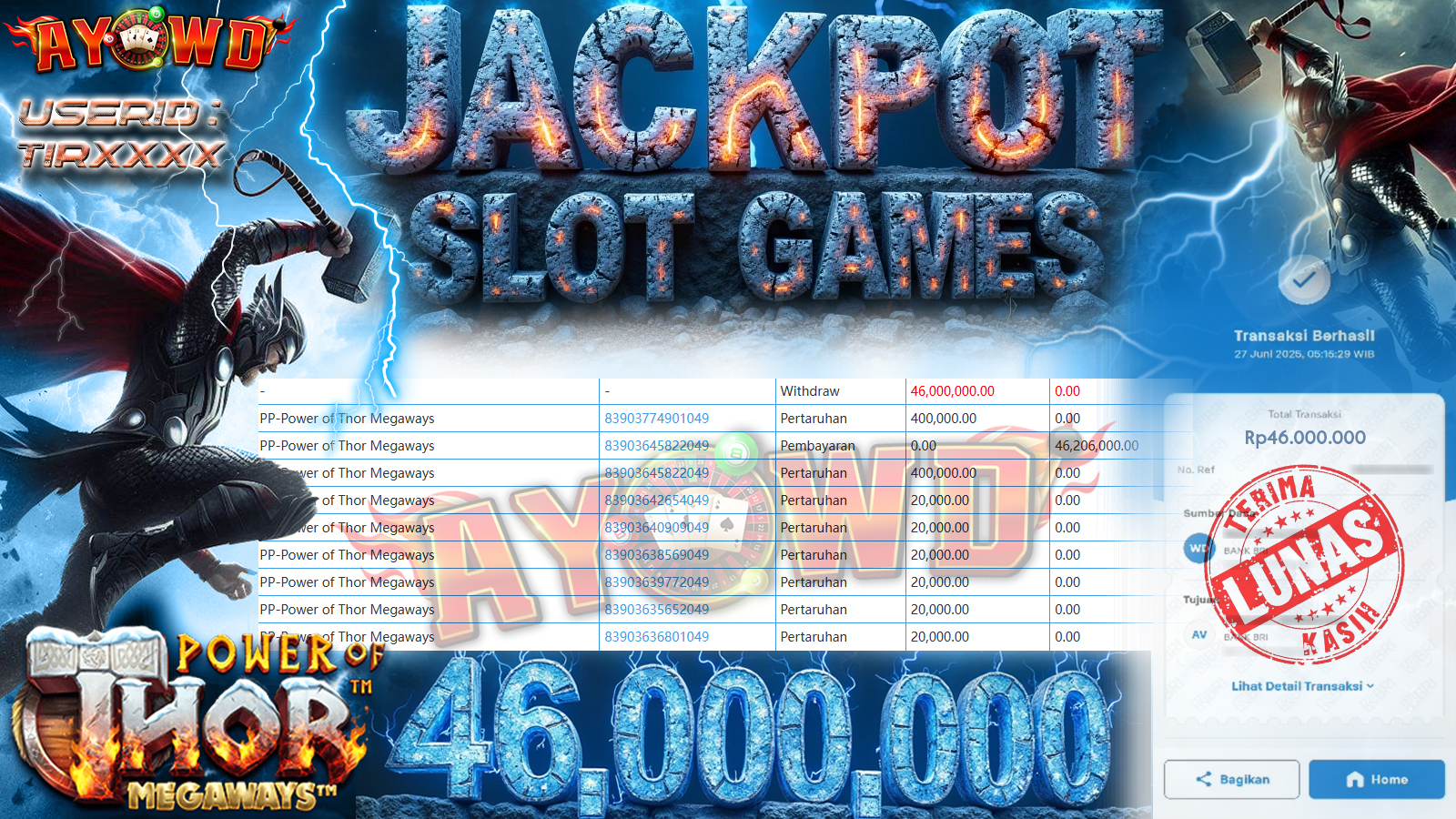 AYOWD JACKPOT SLOT GAMES PP-Power of Thor Megaways Rp 46,000,000,- LUNAS