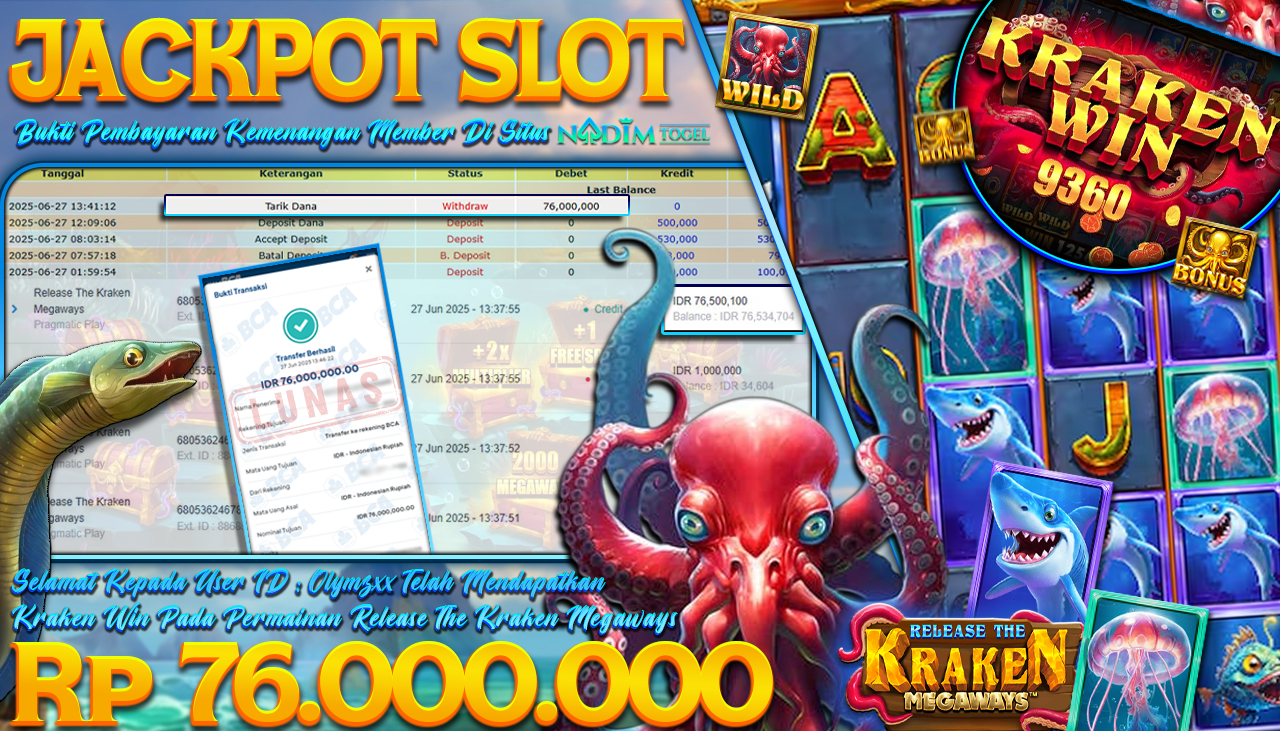 NADIMTOGEL JACKPOT SLOT RELEASE THE KRAKEN MEGAWAYS Rp 76.000.000,- LUNAS