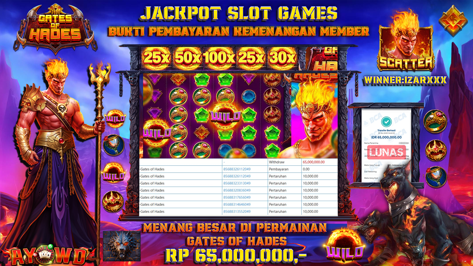 AYOWD JACKPOT SLOT GAMES PP-GATES OF HADES Rp 65,000,000 LUNAS