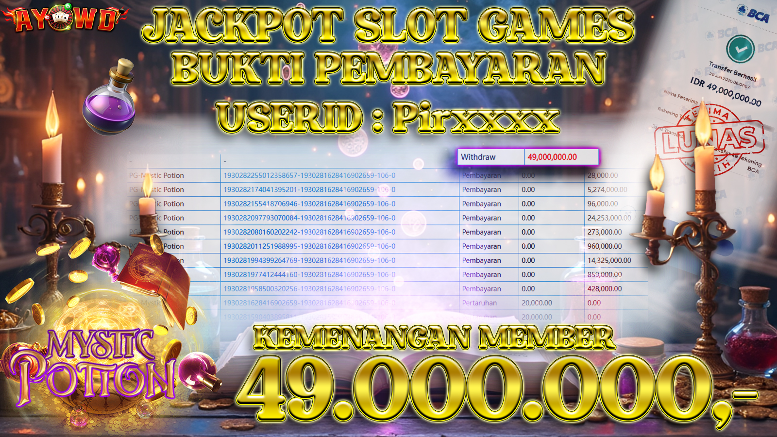 AYOWD JACKPOT SLOT GAMES PG-Mystic Potion Rp 49,000,000 LUNAS