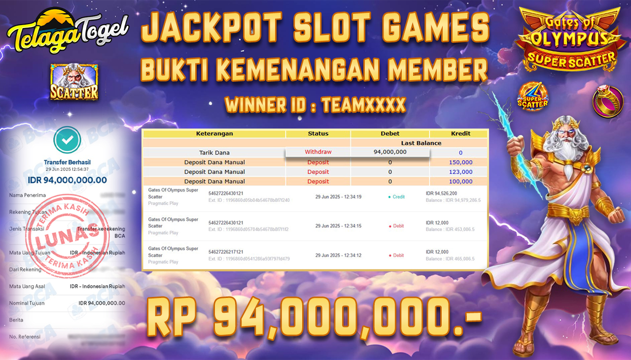 TELAGATOGEL JACKPOT SLOT GATES OF OLYMPUS SUPER SCATTER Rp 94,000,000,- LUNAS  