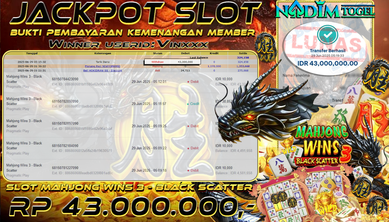 NADIMTOGEL JACKPOT SLOT MAHJONG WINS 3 - BLACK SCATTER  Rp 43.000.000,- LUNAS