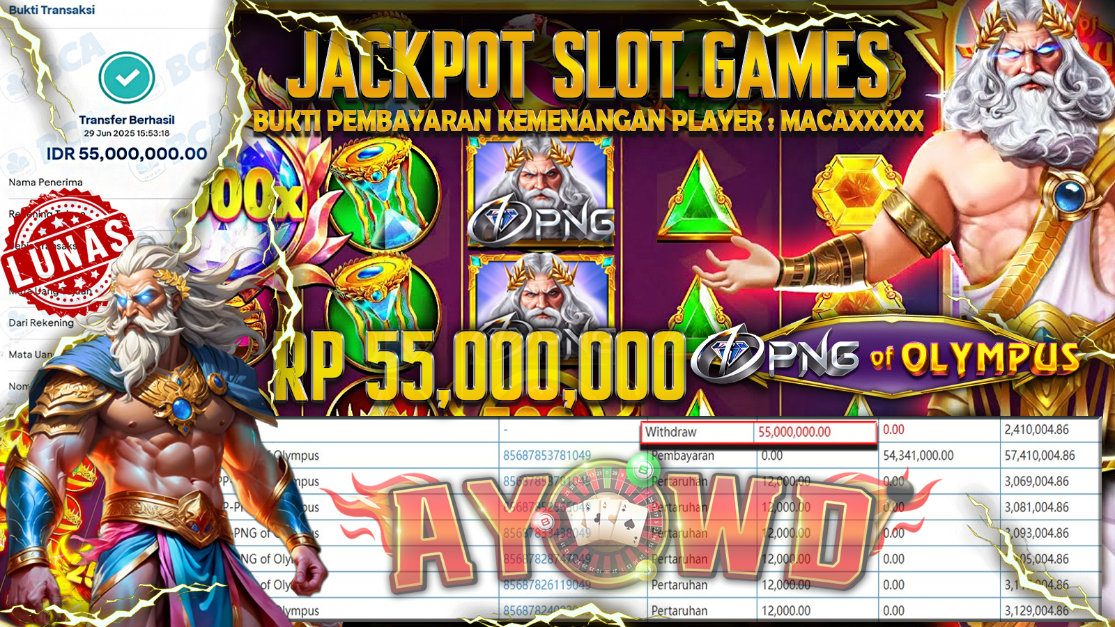 AYOWD JACKPOT SLOT GAMES PP-PNG OF OLYMPUS Rp 55,000,000 LUNAS