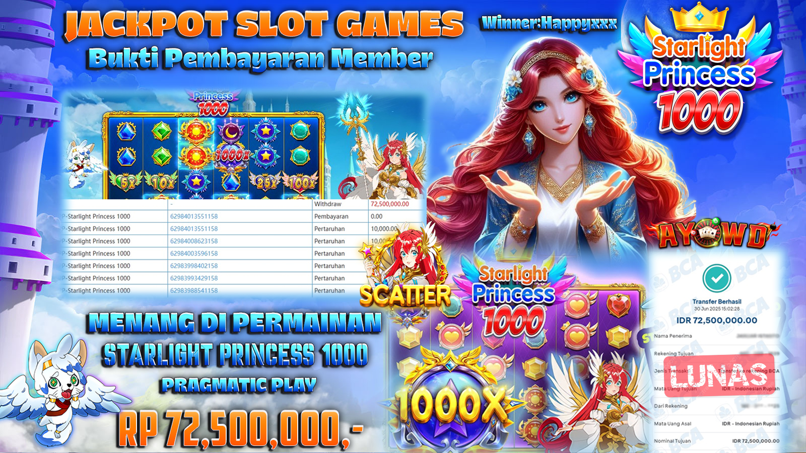 AYOWD JACKPOT SLOT GAMES PP-STARLIGHT PRINCESS 1000 Rp 72,500,000 LUNAS
