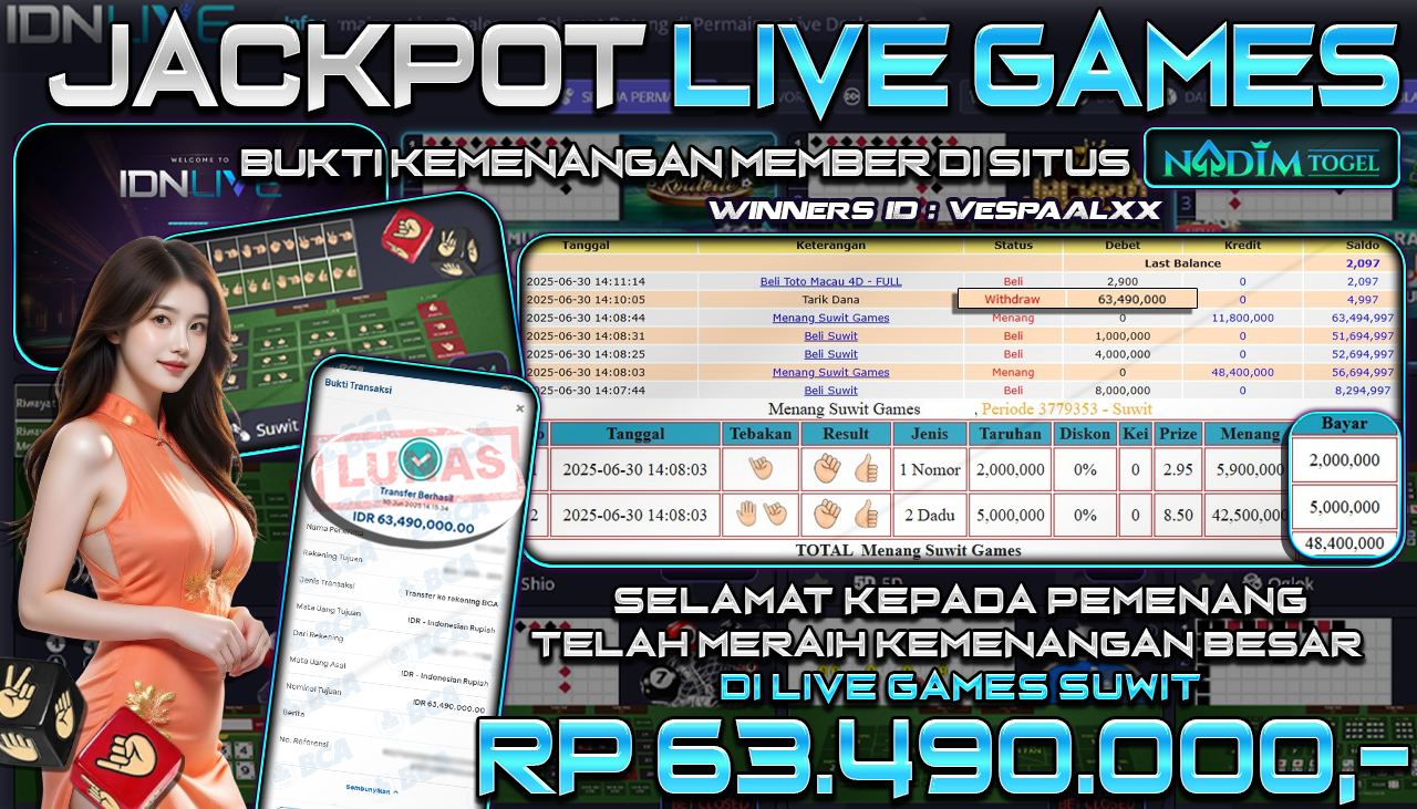 NADIMTOGEL JACKPOT LIVE GAMES SUWIT Rp 63.490.000,- LUNAS