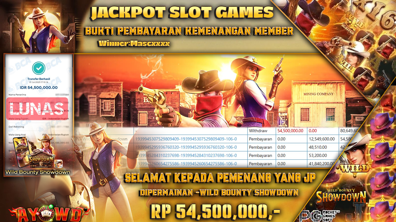 AYOWD JACKPOT SLOT GAMES PG-WILD BOUNTY SHOWDOWN Rp 54,500,000 LUNAS