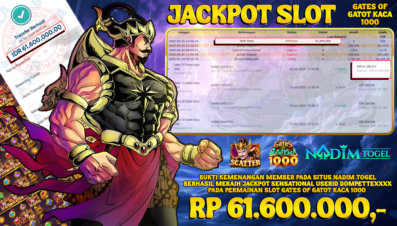 NADIMTOGEL JACKPOT SLOT GATES OF GATOT KACA 1000 Rp 61.600.000,- LUNAS