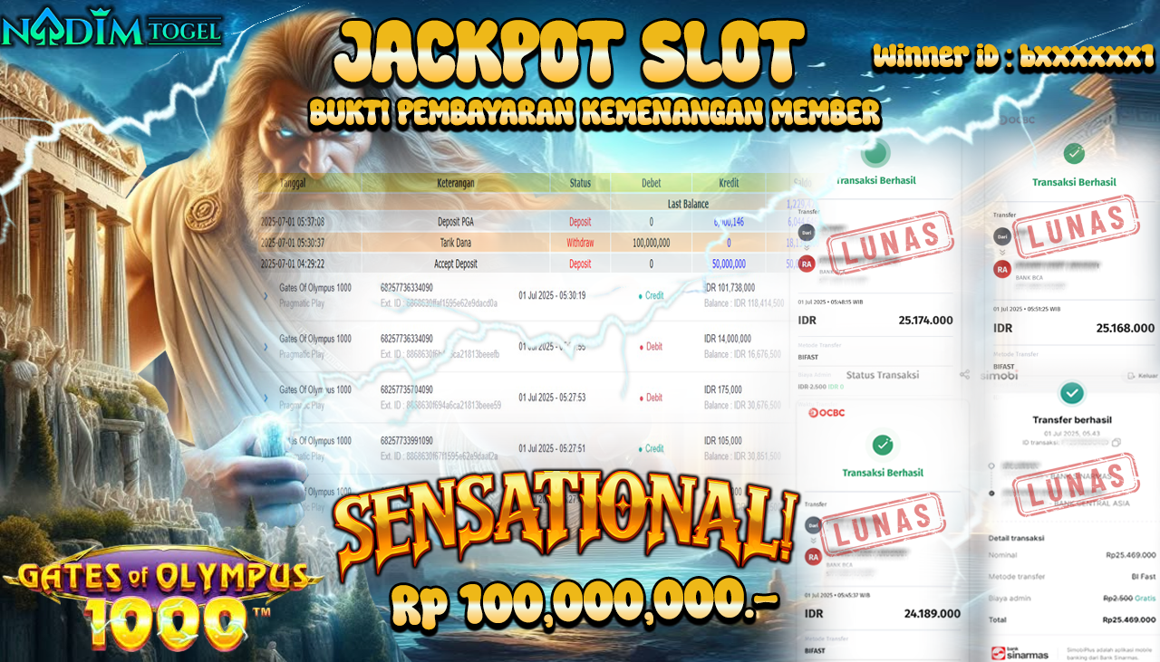 NADIMTOGEL JACKPOT SLOT GATE OF OLYMPUS 1000 Rp 100.000.000,- LUNAS