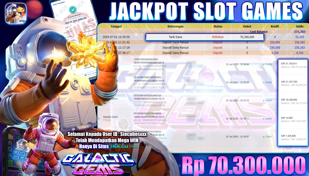 NADIMTOGEL JACKPOT SLOT GALACTIC GEMS Rp 70.300.000,- LUNAS