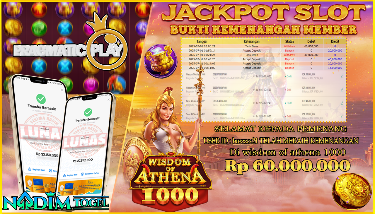 NADIMTOGEL JACKPOT SLOT WISDOM OF ATHENA 1000 Rp 60.000.000,- LUNAS