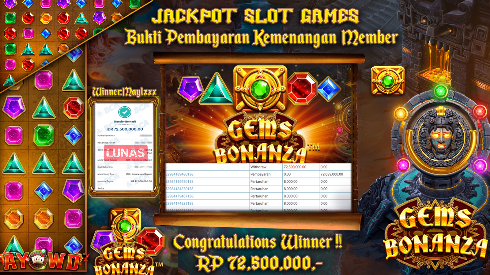 AYOWD JACKPOT SLOT GAMES PP-GEMS BONANZA Rp 72,500,000,- LUNAS