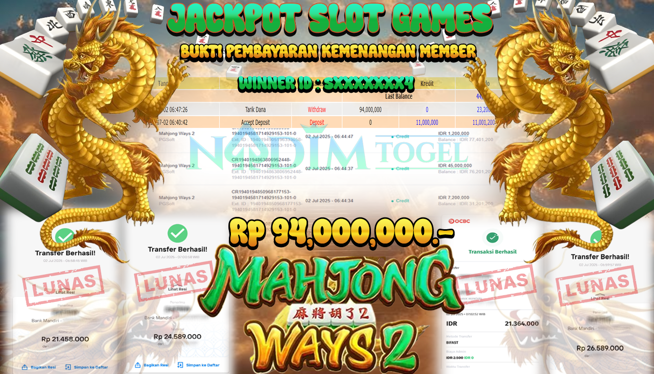 NADIMTOGEL JACKPOT SLOT MAHJONG WAYS 2 Rp 94.000.000,- LUNAS